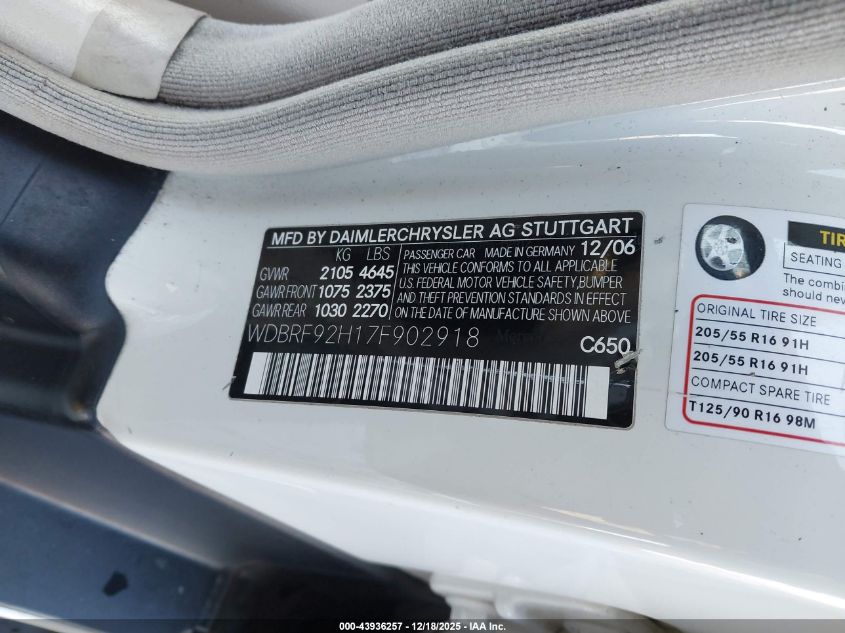 2007 Mercedes-Benz C 280 Luxury 4Matic VIN: WDBRF92H17F902918 Lot: 43936257