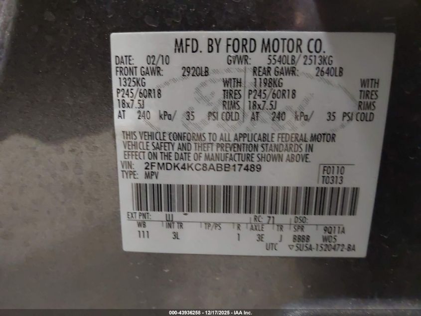 2010 Ford Edge Limited VIN: 2FMDK4KC8ABB17489 Lot: 43936258