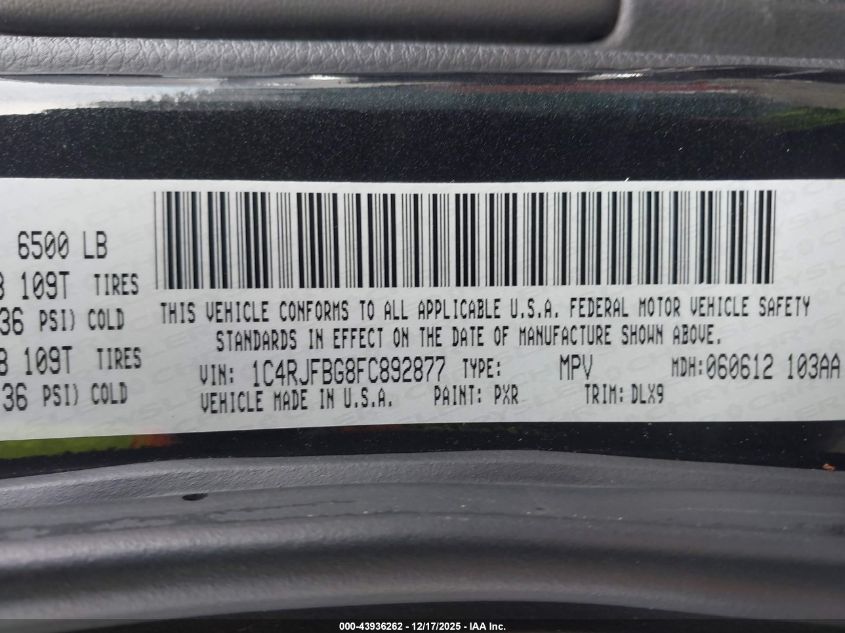 2015 Jeep Grand Cherokee Limited VIN: 1C4RJFBG8FC892877 Lot: 43936262