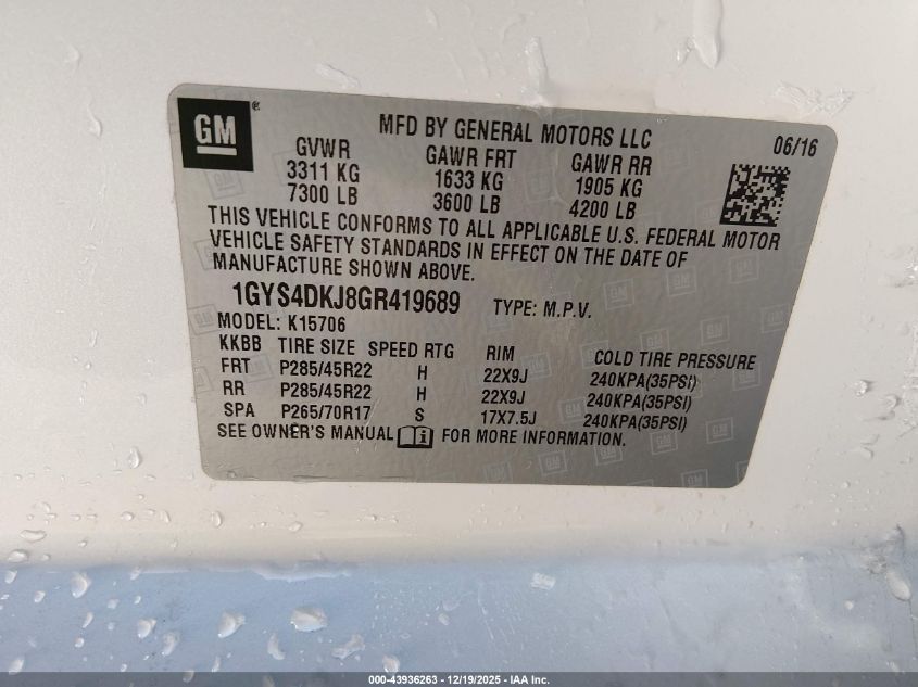 2016 Cadillac Escalade Platinum VIN: 1GYS4DKJ8GR419689 Lot: 43936263