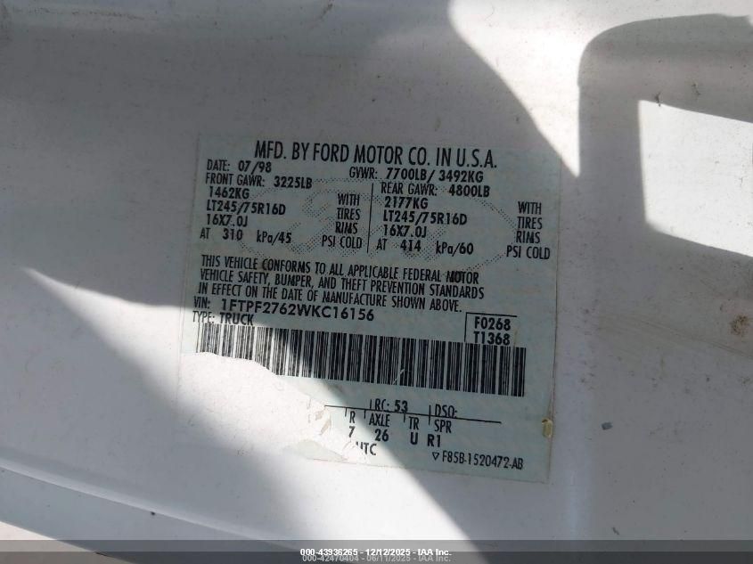 1998 Ford F-250 Lariat/Standard/Xl/Xlt VIN: 1FTPF2762WKC16156 Lot: 43936265