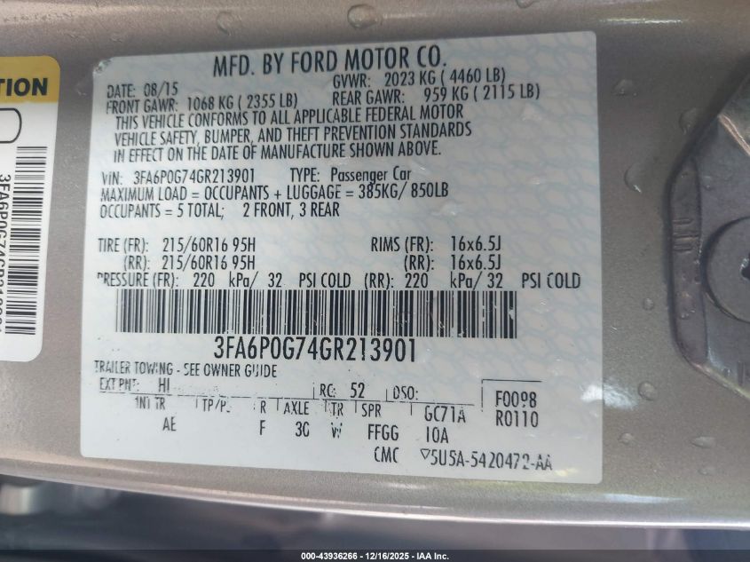 2016 Ford Fusion S VIN: 3FA6P0G74GR213901 Lot: 43936266