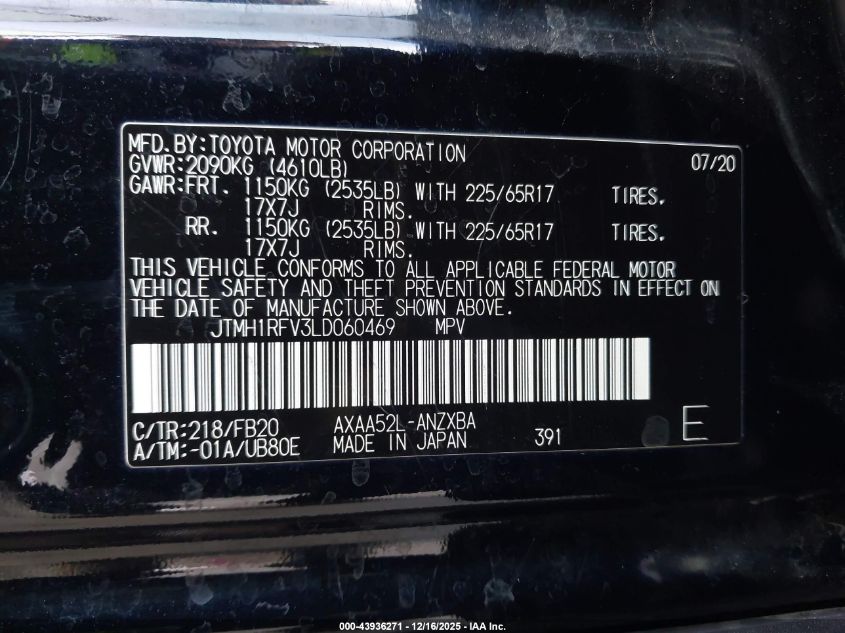 2020 Toyota Rav4 Le VIN: JTMH1RFV3LD060469 Lot: 43936271