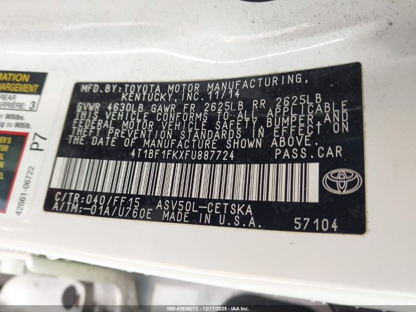 2015 Toyota Camry Se VIN: 4T1BF1FKXFU887724 Lot: 43936272