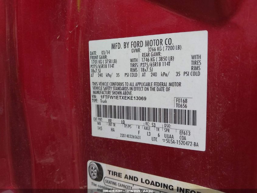 2014 Ford F-150 Lariat VIN: 1FTFW1ETXEKE13069 Lot: 43936281