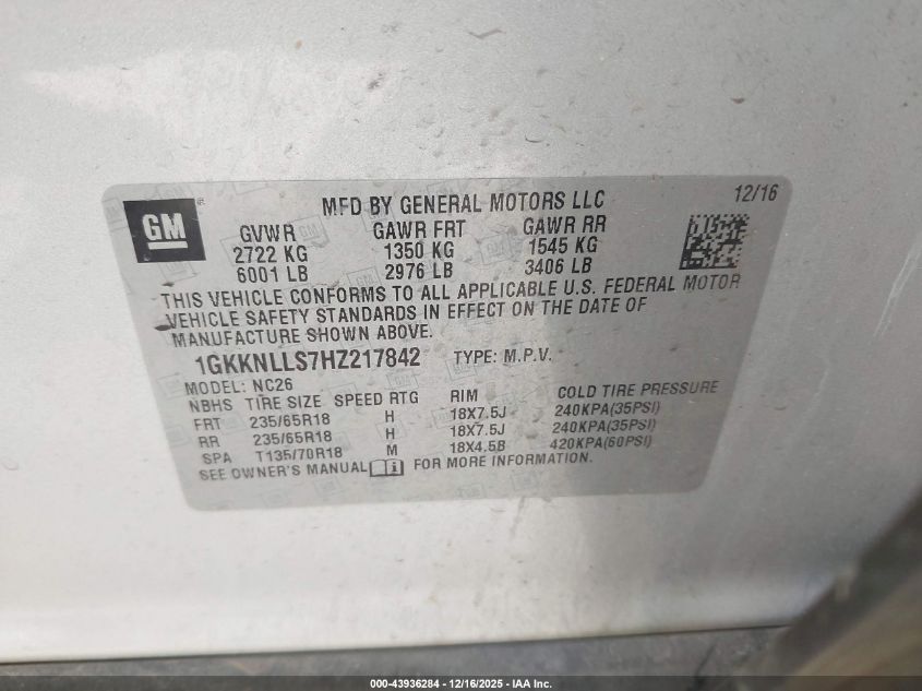 2017 GMC Acadia Sle-2 VIN: 1GKKNLLS7HZ217842 Lot: 43936284