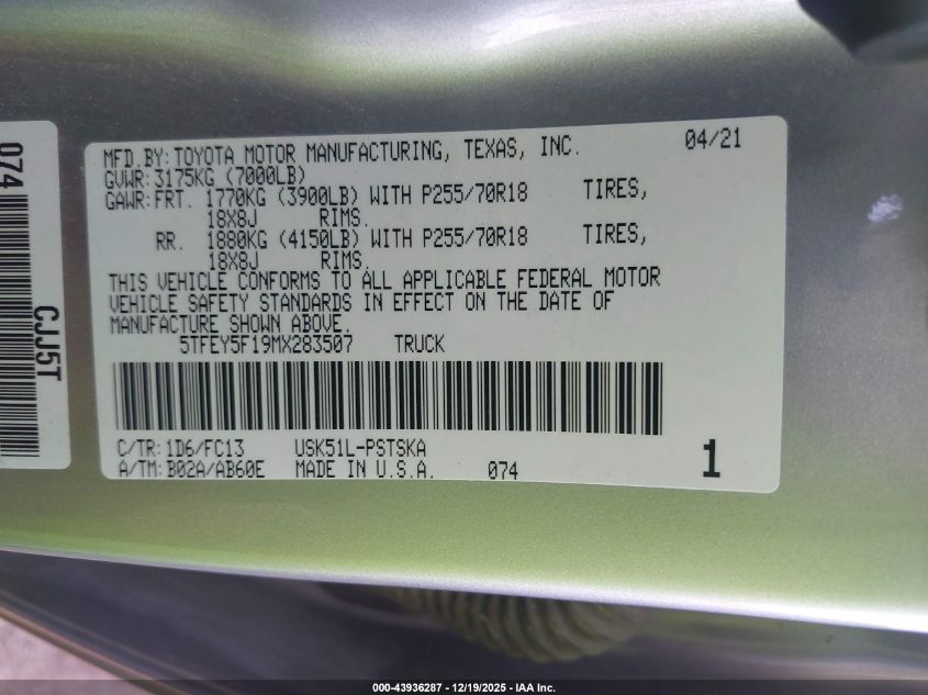 2021 Toyota Tundra Sr5 VIN: 5TFEY5F19MX283507 Lot: 43936287