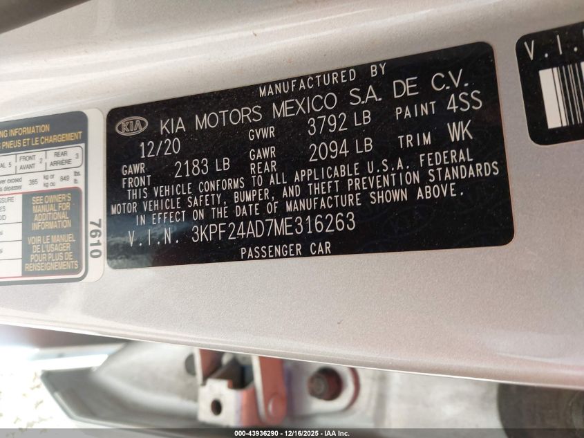 2021 Kia Forte Lxs VIN: 3KPF24AD7ME316263 Lot: 43936290