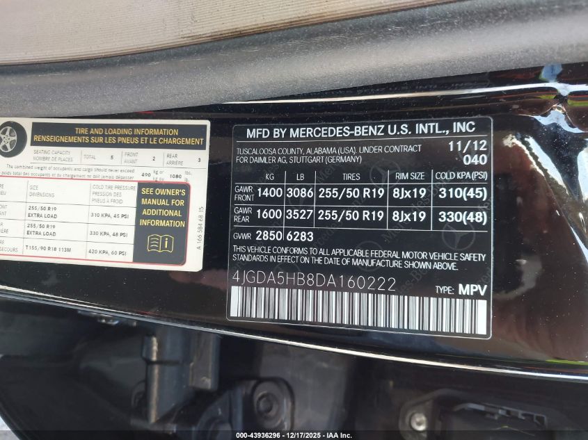 2013 Mercedes-Benz Ml 350 4Matic VIN: 4JGDA5HB8DA160222 Lot: 43936296