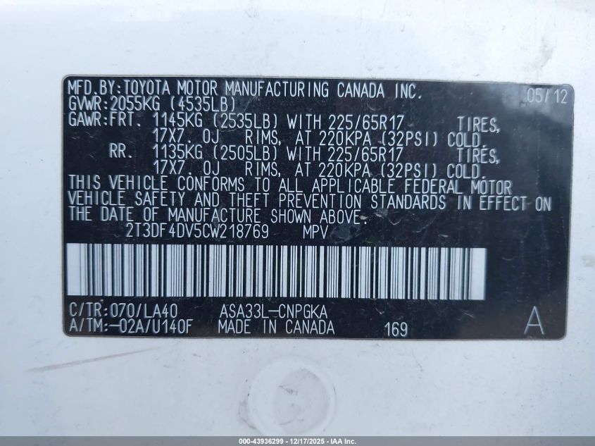 2012 Toyota Rav4 Limited VIN: 2T3DF4DV5CW218769 Lot: 43936299