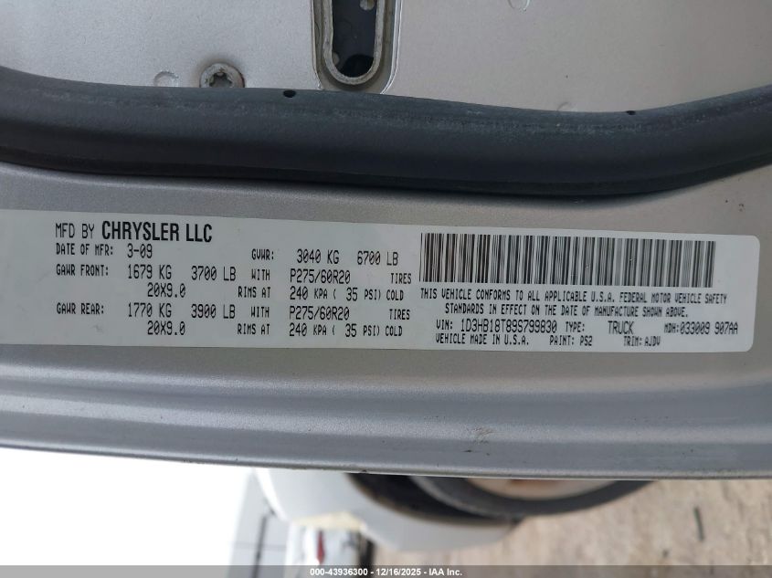 2009 Dodge Ram 1500 Slt/Sport/Trx VIN: 1D3HB18T89S799830 Lot: 43936300
