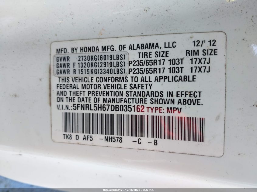 2013 Honda Odyssey Ex-L VIN: 5FNRL5H67DB035162 Lot: 43936312