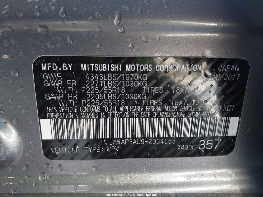 2017 Mitsubishi Outlander Sport 2.0 Es/2.0 Le VIN: JA4AP3AU9HZ034653 Lot: 43936313