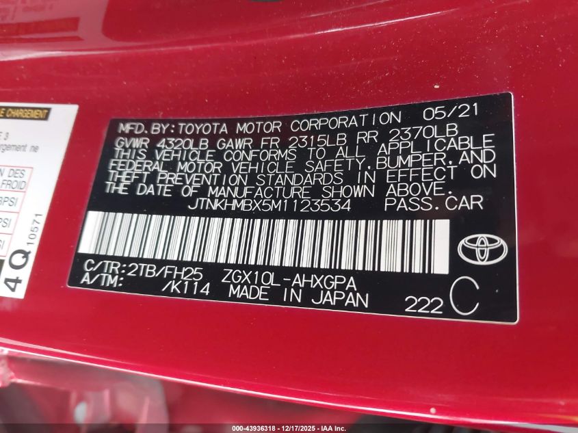 2021 Toyota C-Hr Nightshade Edition VIN: JTNKHMBX5M1123534 Lot: 43936318