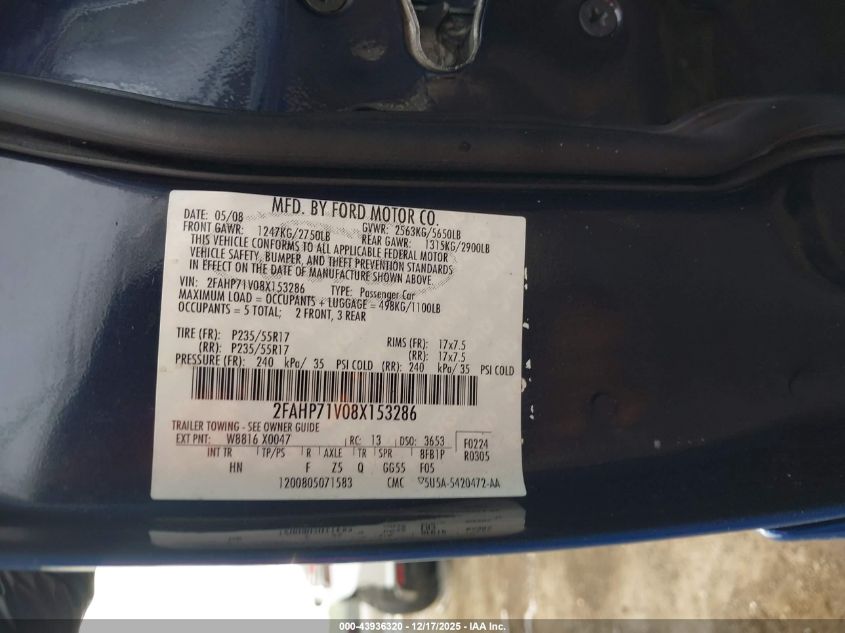 2008 Ford Crown Victoria Police/Police Interceptor VIN: 2FAHP71V08X153286 Lot: 43936320