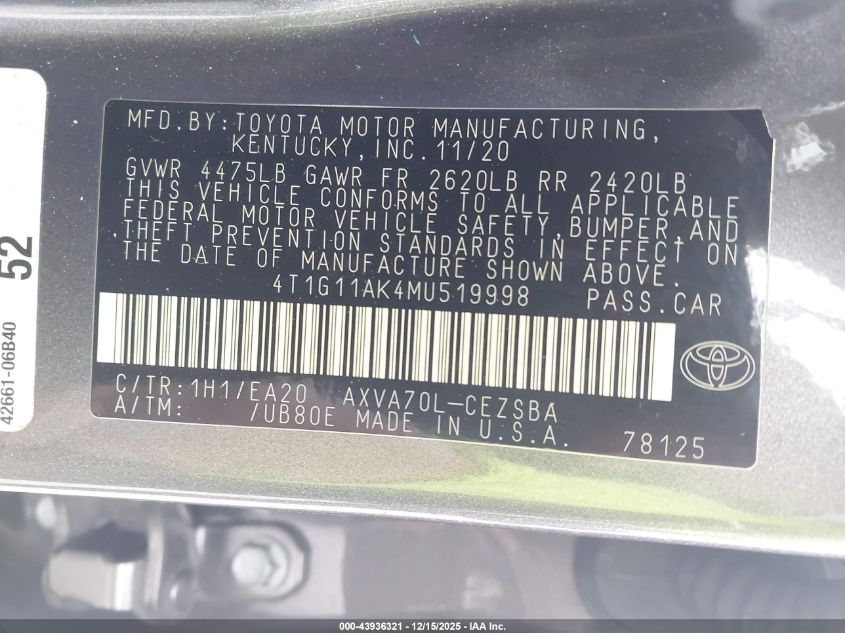 2021 Toyota Camry Se VIN: 4T1G11AK4MU519998 Lot: 43936321