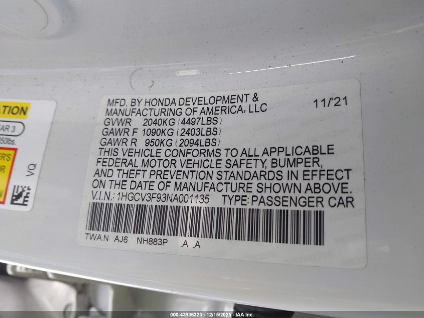 2022 Honda Accord Hybrid Touring VIN: 1HGCV3F93NA001135 Lot: 43936323