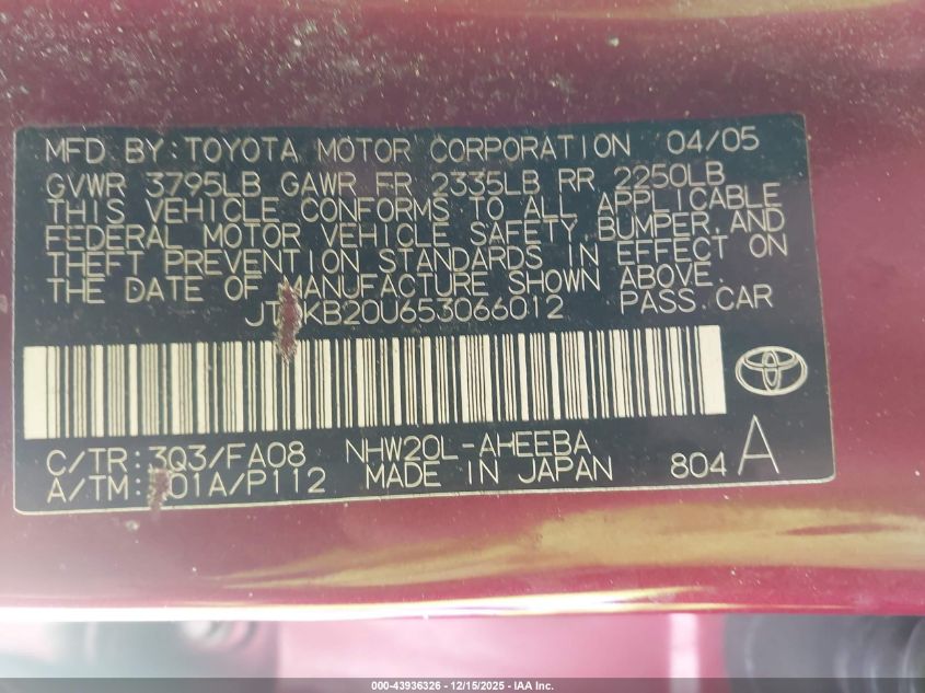 2005 Toyota Prius VIN: JTDKB20U653066012 Lot: 43936326