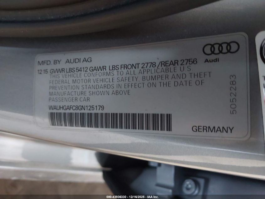 2016 Audi A6 3.0T Premium Plus VIN: WAUHGAFC8GN125179 Lot: 43936330