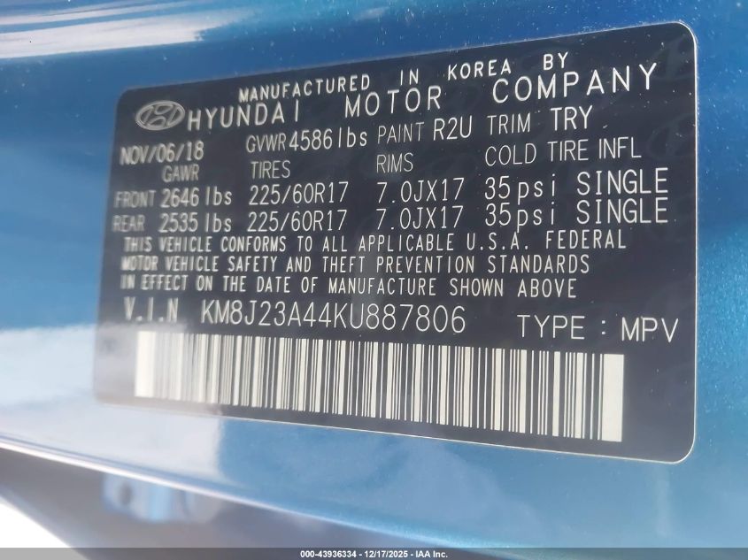 2019 Hyundai Tucson Se VIN: KM8J23A44KU887806 Lot: 43936334