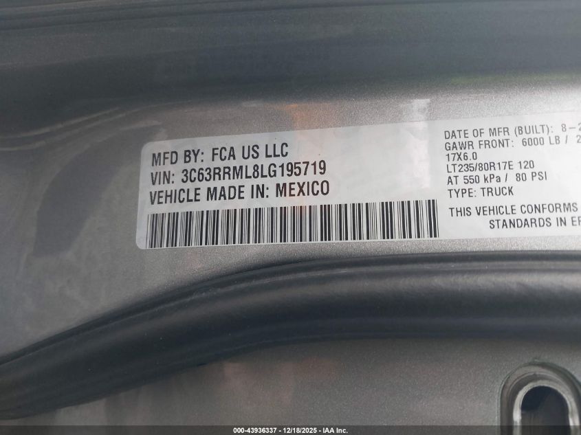 2020 Ram 3500 VIN: 3C63RRML8LG195719 Lot: 43936337