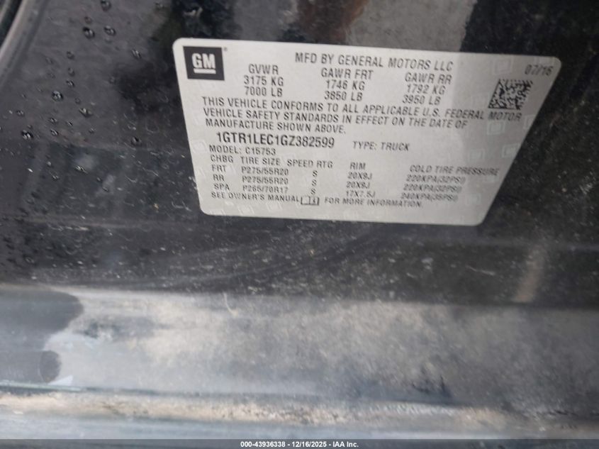 2016 GMC Sierra 1500 VIN: 1GTR1LEC1GZ382599 Lot: 43936338