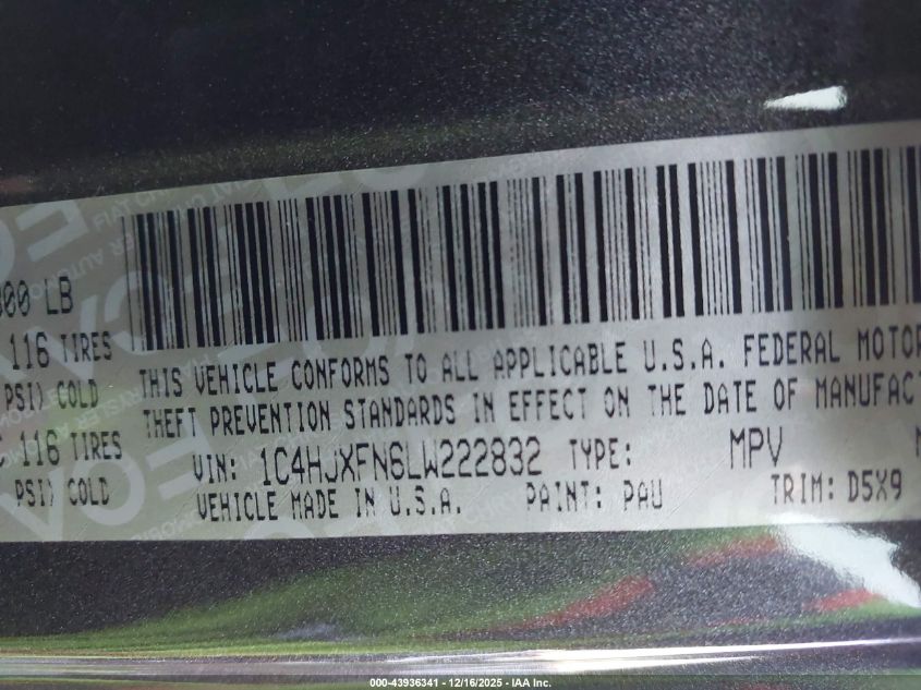 2020 Jeep Wrangler Unlimited Rubicon 4X4 VIN: 1C4HJXFN6LW222832 Lot: 43936341