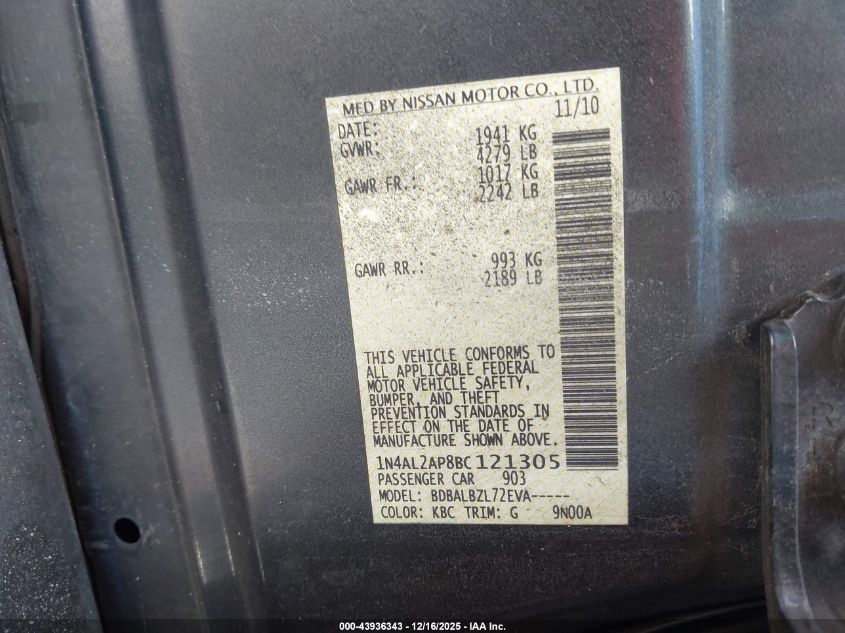 2011 Nissan Altima 2.5 S VIN: 1N4AL2AP8BC121305 Lot: 43936343