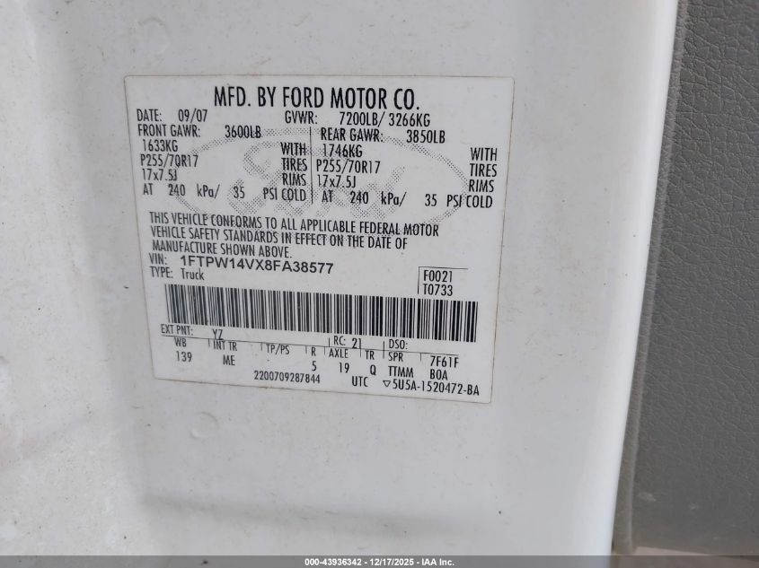 2008 Ford F150 Supercrew VIN: 1FTPW14VX8FA38577 Lot: 43936342
