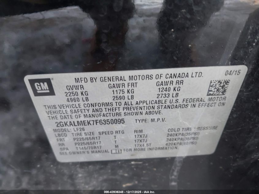 2015 GMC Terrain Sle-1 VIN: 2GKALMEK7F6350095 Lot: 43936348