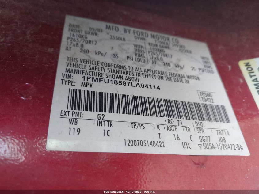 2007 Ford Expedition Eddie Bauer VIN: 1FMFU18597LA94114 Lot: 43936354