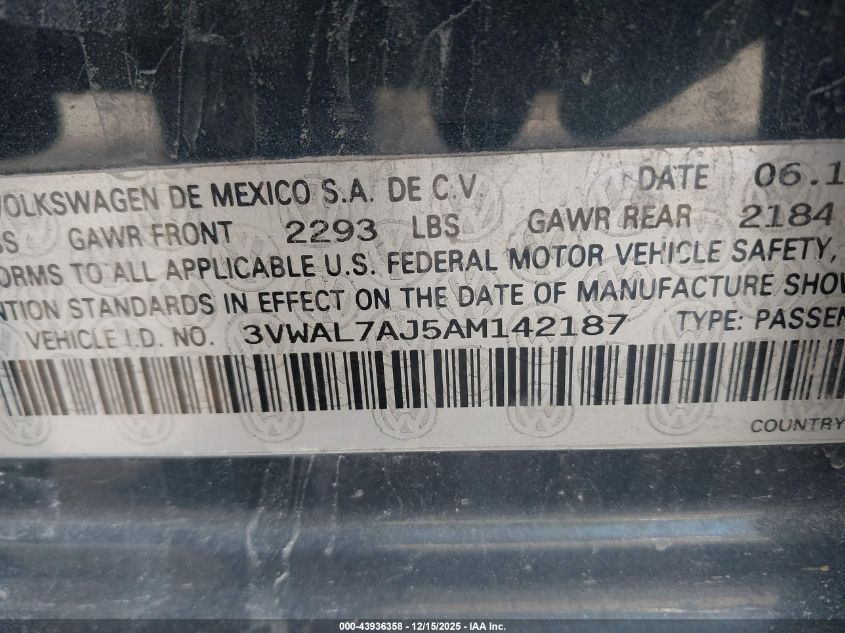 2010 Volkswagen Jetta Tdi VIN: 3VWAL7AJ5AM142187 Lot: 43936358