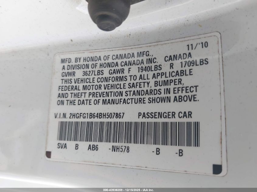2011 Honda Civic Lx VIN: 2HGFG1B64BH507867 Lot: 43936359