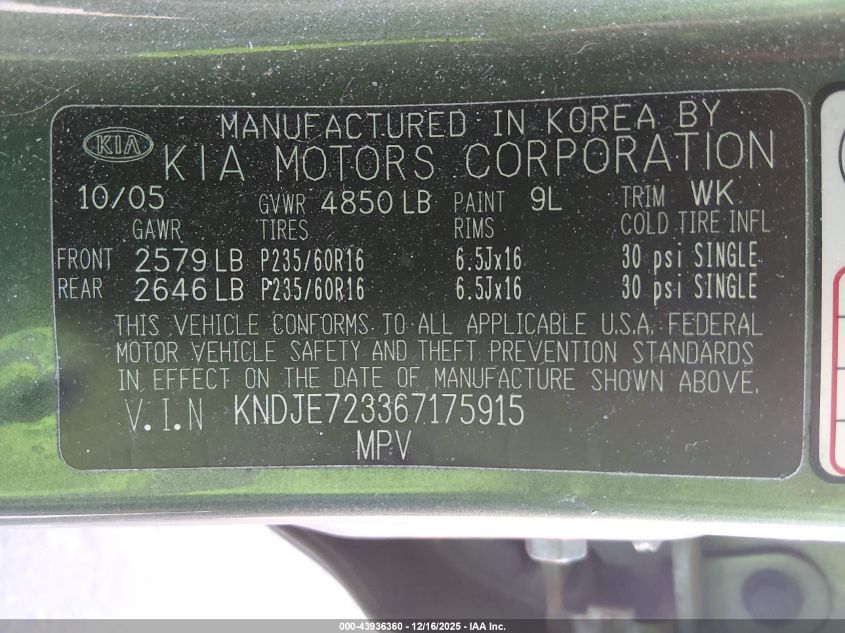 2006 Kia Sportage Ex V6/Lx V6 VIN: KNDJE723367175915 Lot: 43936360