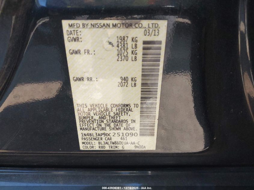 2013 Nissan Altima 3.5 Sv VIN: 1N4BL3AP9DC251090 Lot: 43936361