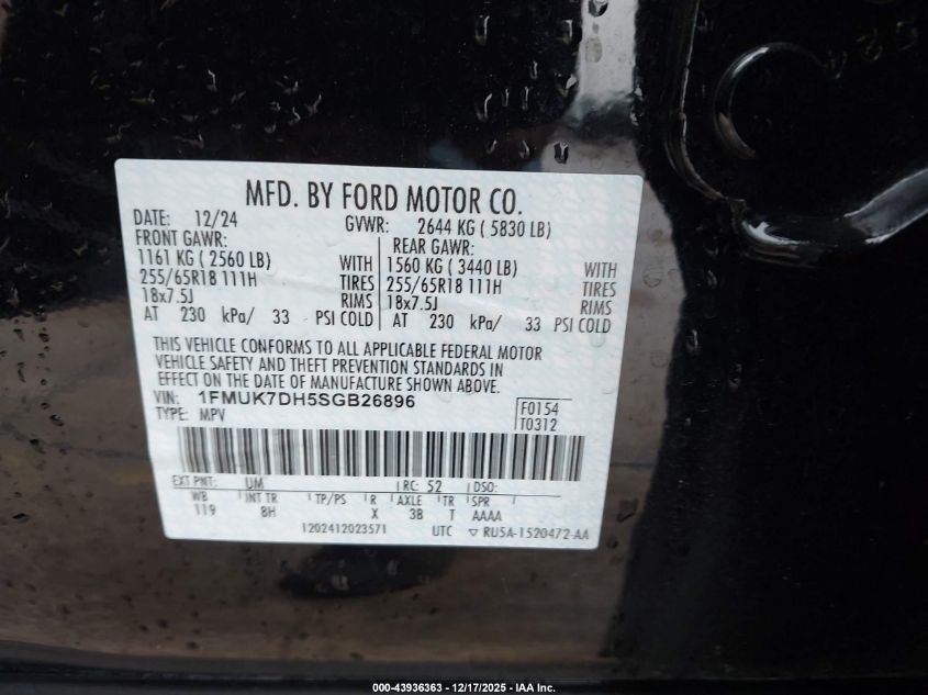 2025 Ford Explorer Active VIN: 1FMUK7DH5SGB26896 Lot: 43936363