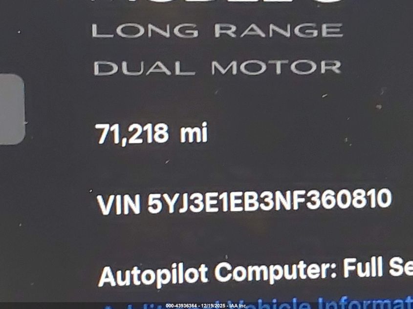 2022 Tesla Model 3 Long Range Dual Motor All-Wheel Drive VIN: 5YJ3E1EB3NF360810 Lot: 43936364