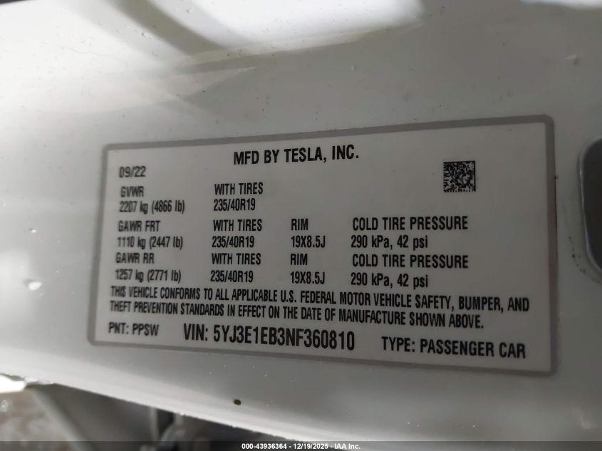 2022 Tesla Model 3 Long Range Dual Motor All-Wheel Drive VIN: 5YJ3E1EB3NF360810 Lot: 43936364