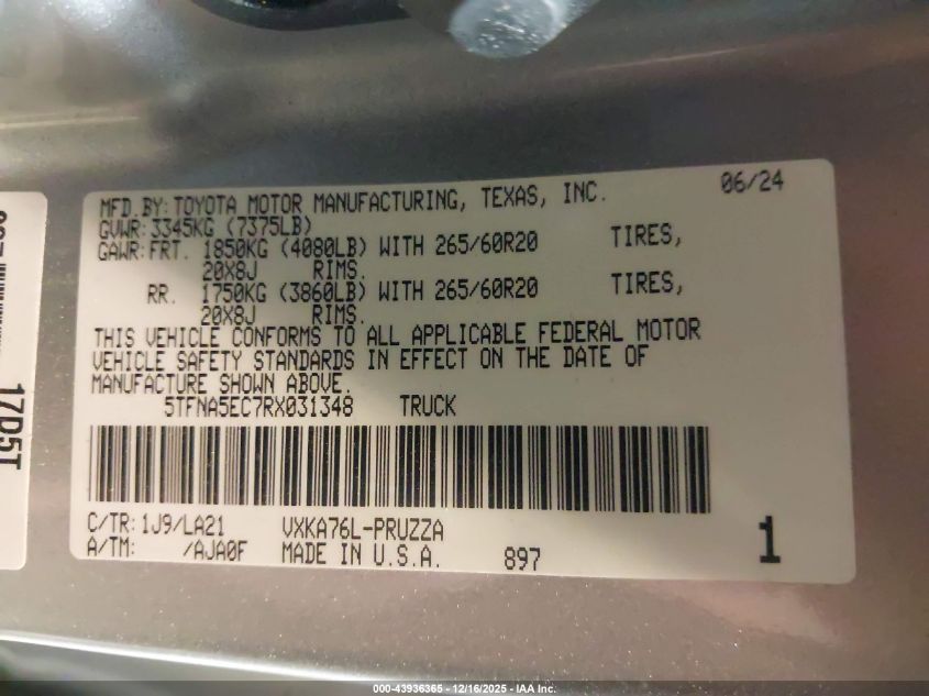 2024 Toyota Tundra Platinum VIN: 5TFNA5EC7RX031348 Lot: 43936365