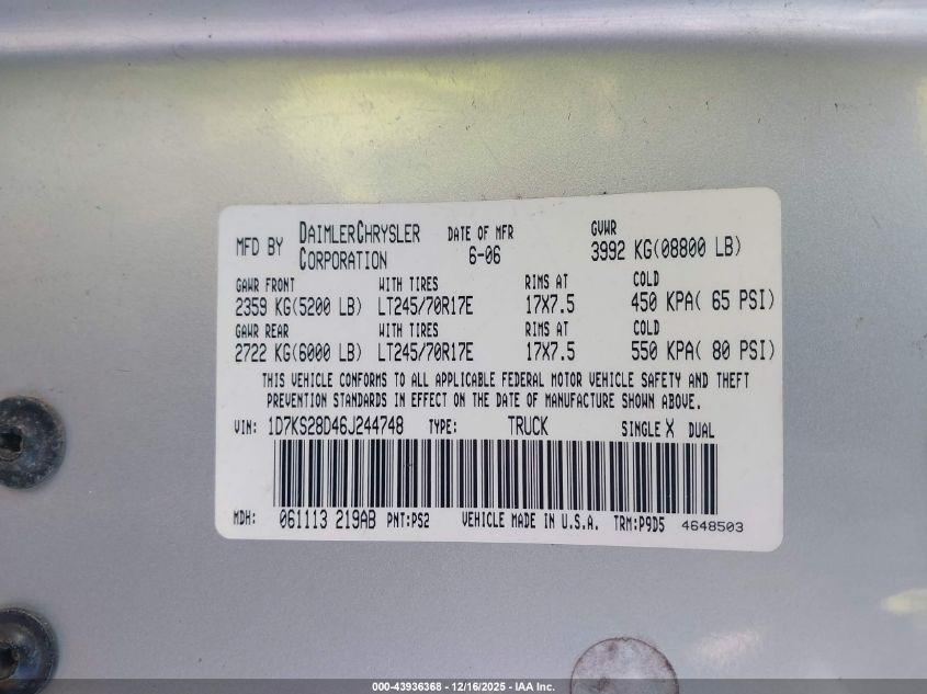 2006 Dodge Ram 2500 St VIN: 1D7KS28D46J244748 Lot: 43936368