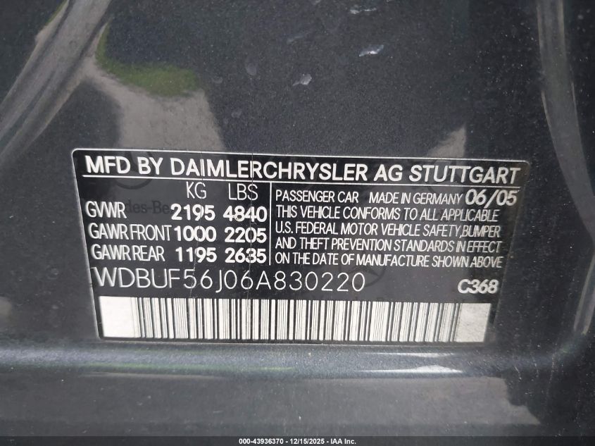 2006 Mercedes-Benz E 350 VIN: WDBUF56J06A830220 Lot: 43936370