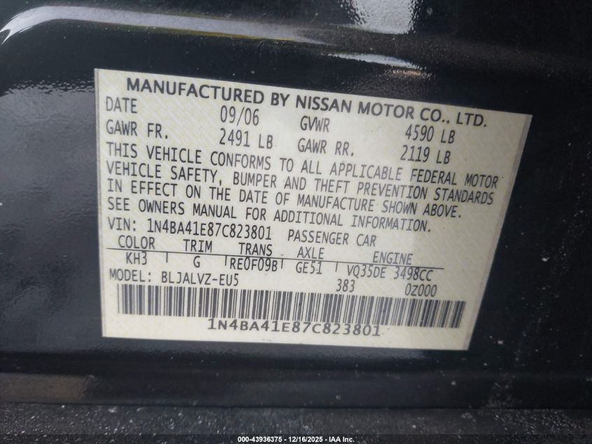 2007 Nissan Maxima 3.5 Se VIN: 1N4BA41E87C823801 Lot: 43936375