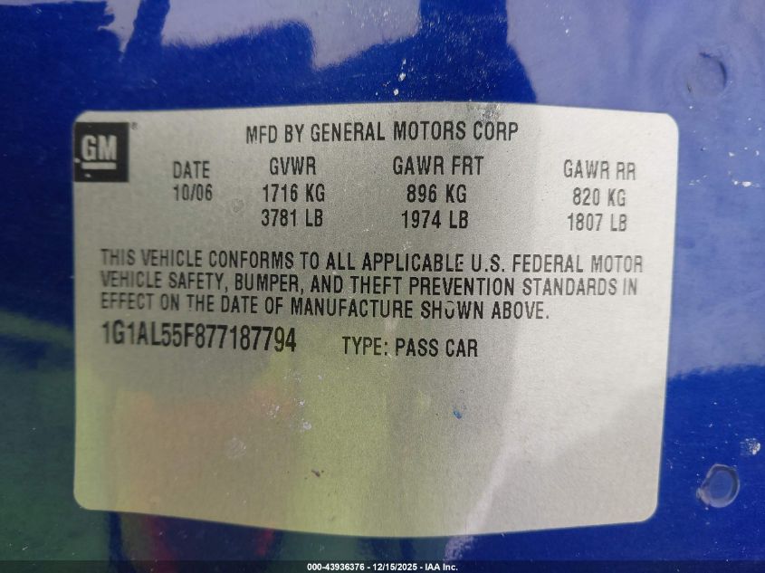 2007 Chevrolet Cobalt Lt VIN: 1G1AL55F877187794 Lot: 43936376