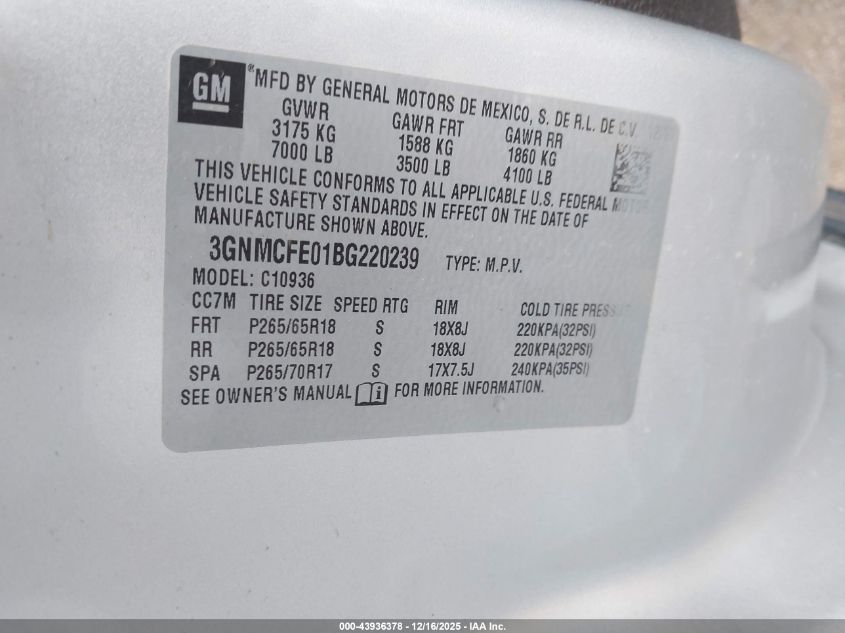 2011 Chevrolet Avalanche 1500 Lt1 VIN: 3GNMCFE01BG220239 Lot: 43936378