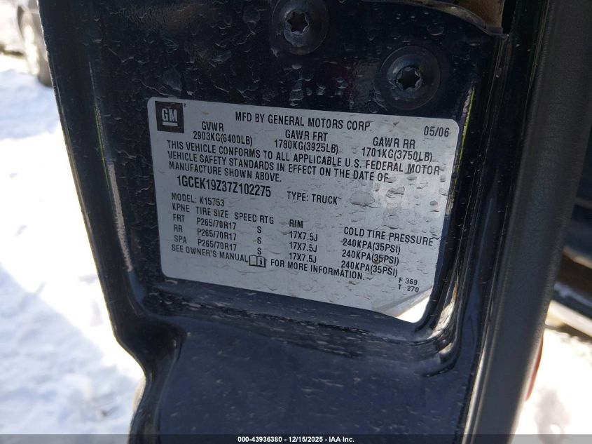 2007 Chevrolet Silverado 1500 Classic Lt1 VIN: 1GCEK19Z37Z102275 Lot: 43936380