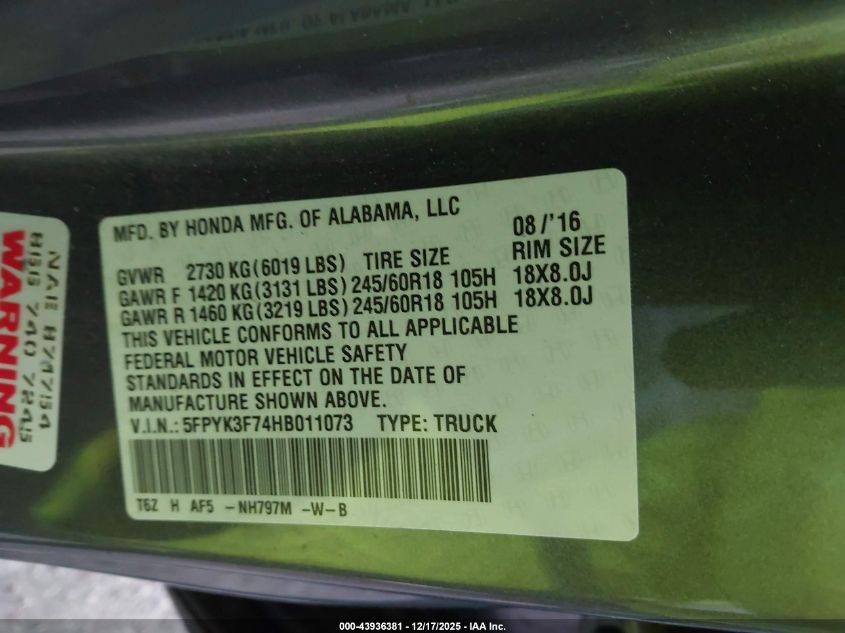2017 Honda Ridgeline Rtl-E VIN: 5FPYK3F74HB011073 Lot: 43936381
