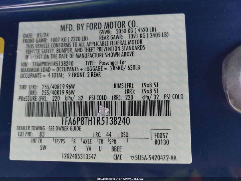 2024 Ford Mustang Ecoboost Premium Fastback VIN: 1FA6P8TH1R5138240 Lot: 43936383