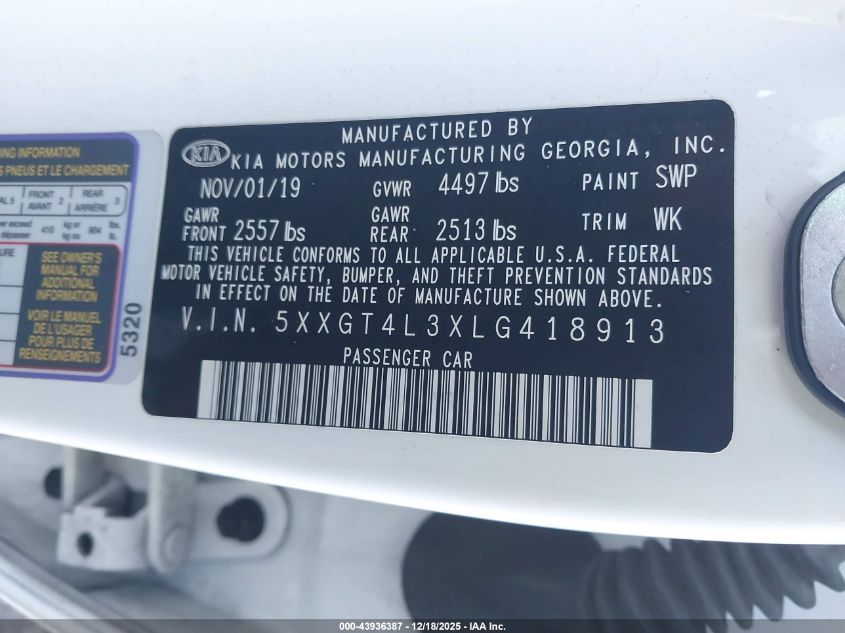 2020 Kia Optima S VIN: 5XXGT4L3XLG418913 Lot: 43936387