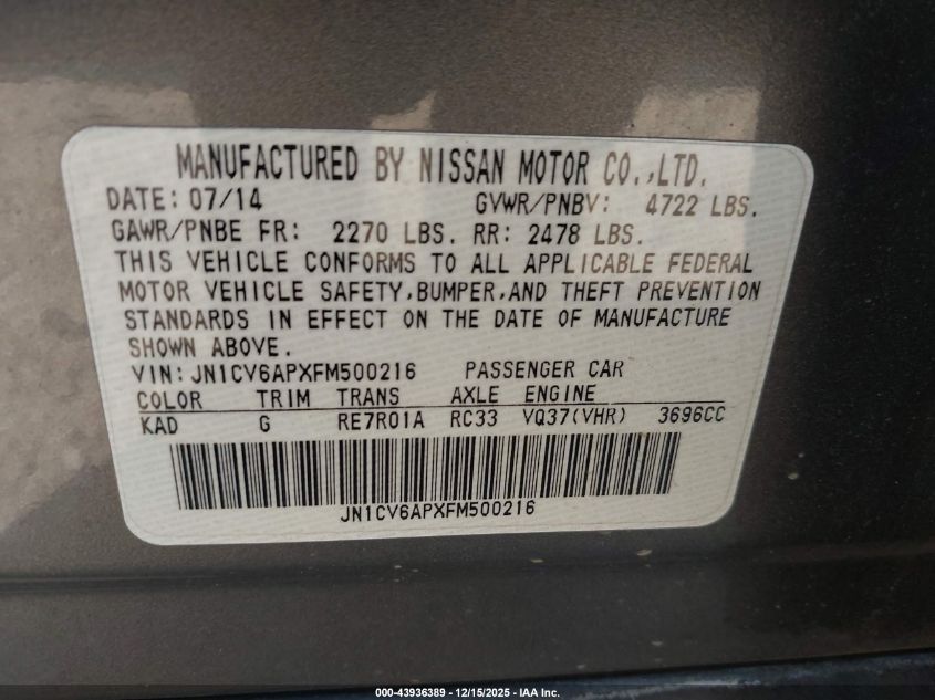 2015 Infiniti Q40 VIN: JN1CV6APXFM500216 Lot: 43936389