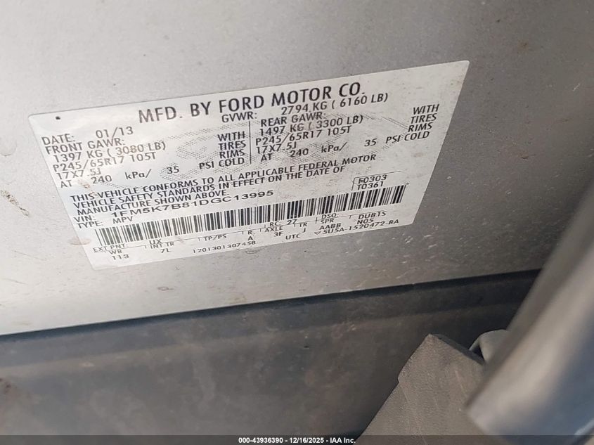 2013 Ford Explorer VIN: 1FM5K7B81DGC13995 Lot: 43936390